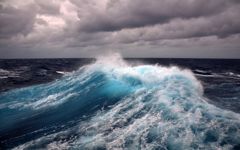 Ocean Wave Breaking — Blue, Dramatic, Photograph, Clouds