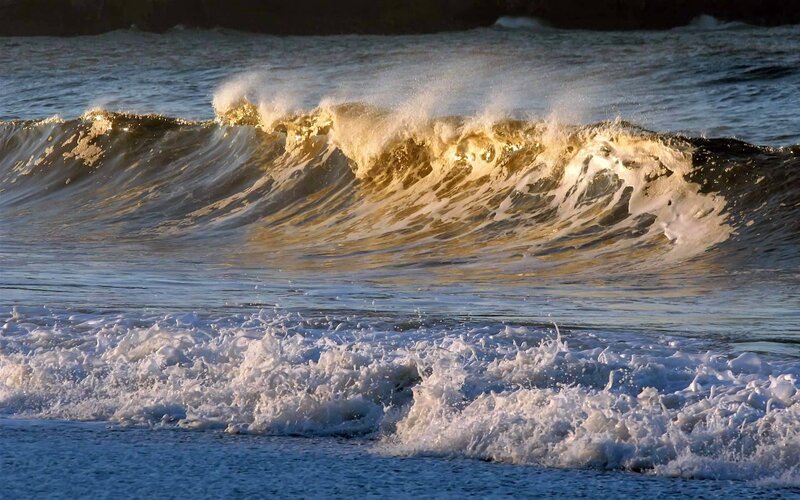 Ocean Wave Breaking — Blue, Dramatic, Sunset, Photograph, Foam
