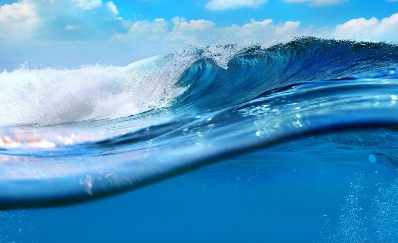 Ocean Wave Breaking — Blue, Dynamic, Afternoon, Photograph, Sky, Clouds