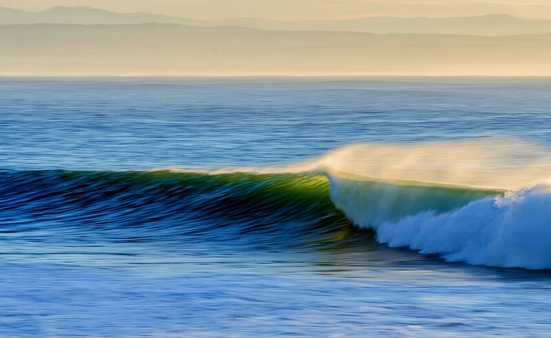 Ocean Wave Breaking — Blue, Serene, Sunset