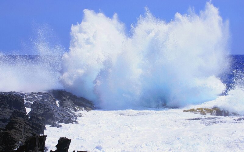 Ocean Wave Crashing — Blue, Dramatic, Afternoon, Photograph, Rocks, Sea, Sky, White