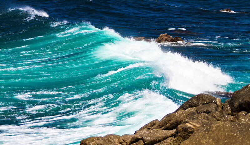 Ocean Wave Crashing — Blue, Dramatic, Afternoon, Photograph, Rocks