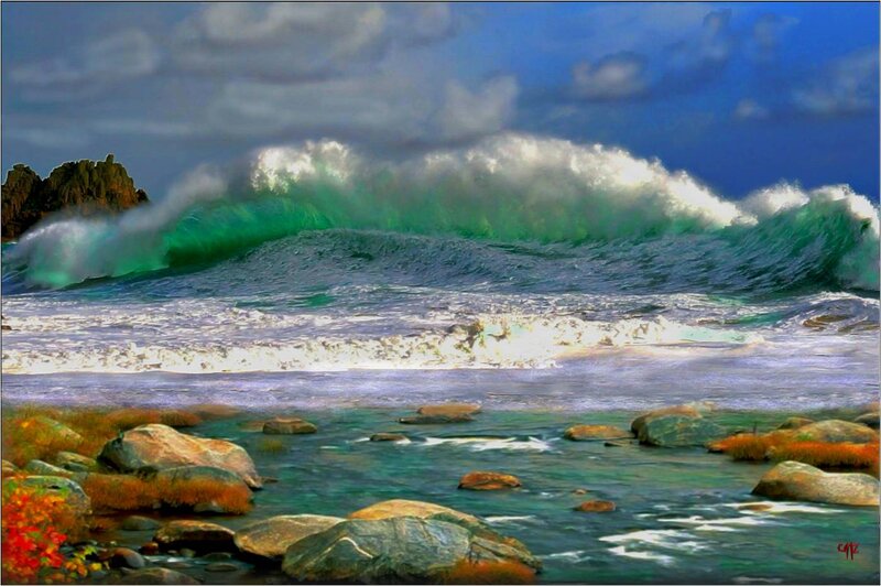 Ocean Wave Crashing — Blue, Dramatic, Digital Art