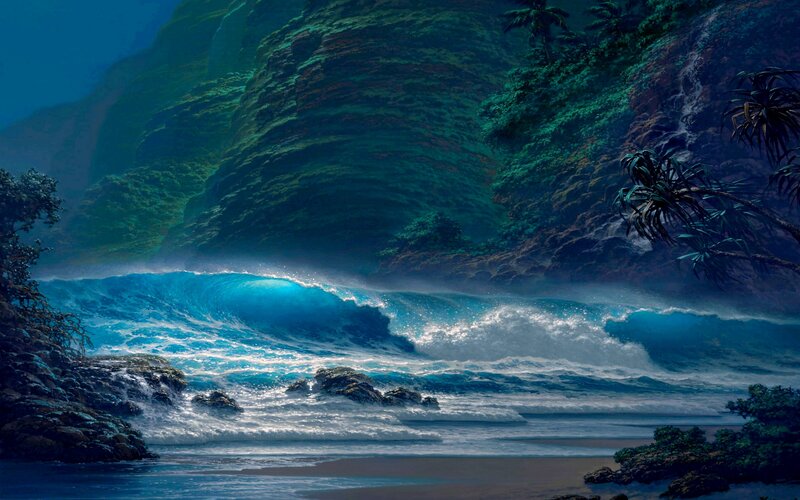 Ocean Wave Crashing — Blue, Dramatic, Night, Digital Art, Mountain