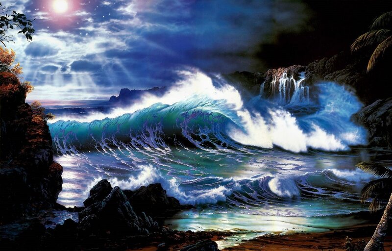 Ocean Wave Crashing — Blue, Dramatic, Night, Digital Art, Rocks, Palm Trees