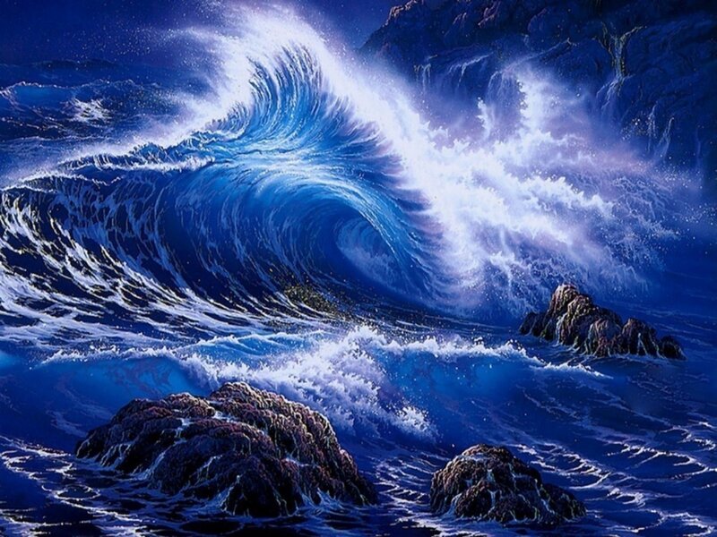 Ocean Wave Crashing — Blue, Dramatic, Night, Digital Art, Rocks