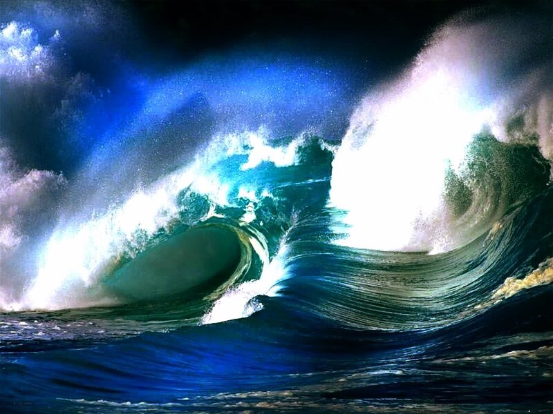 Ocean Wave Crashing — Blue, Dramatic, Night, Digital Art