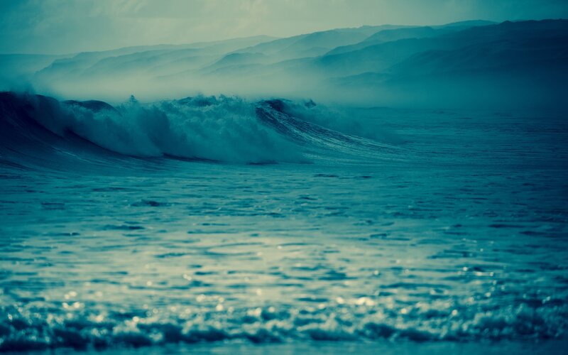 Ocean Wave Crashing — Blue, Dramatic, Photograph, Mountains