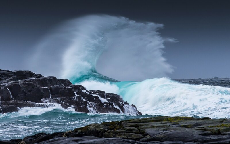 Ocean Wave Crashing — Blue, Dramatic, Photograph, Rocks