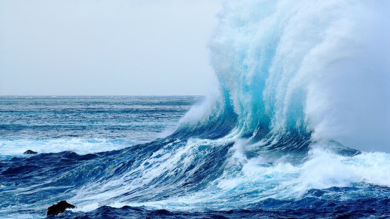 Ocean Wave Crashing — Blue, Dramatic, Photograph, Sea, Sky, Rocks