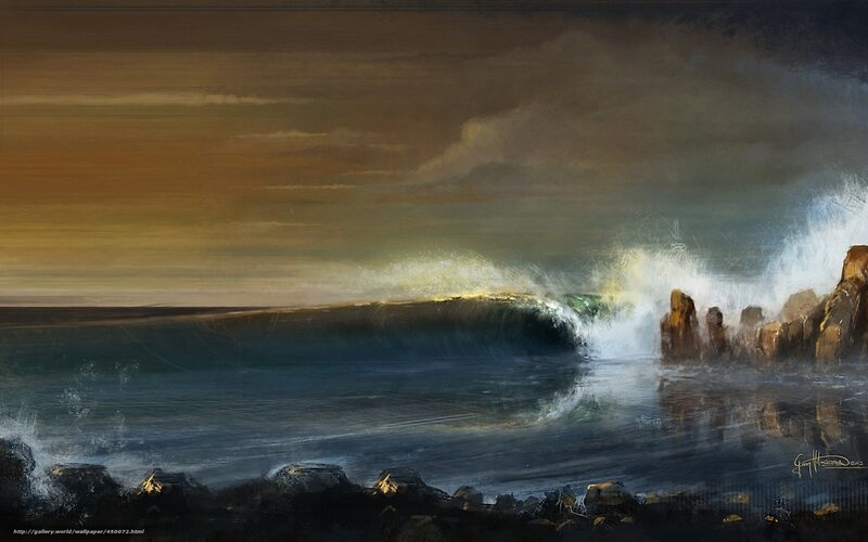 Ocean Wave Crashing — Blue, Dramatic, Sunset, Digital Art