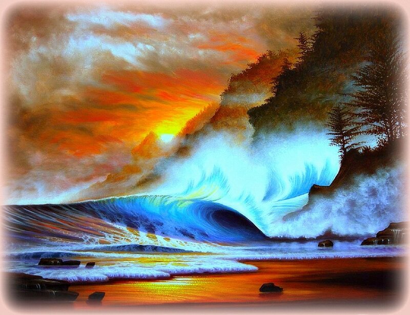 Ocean Wave Crashing — Blue, Dramatic, Sunset, Painting
