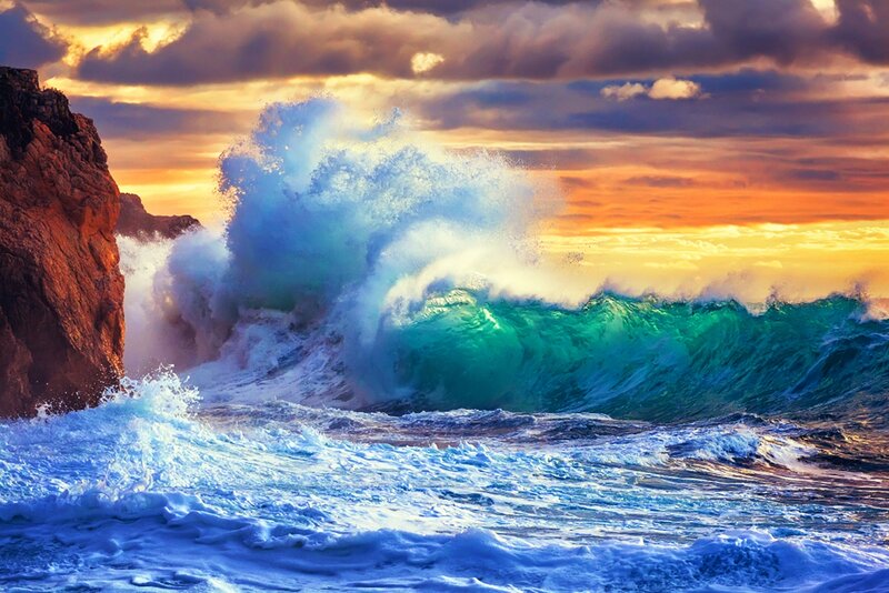 Ocean Wave Crashing — Blue, Dramatic, Sunset, Photograph, Cliff