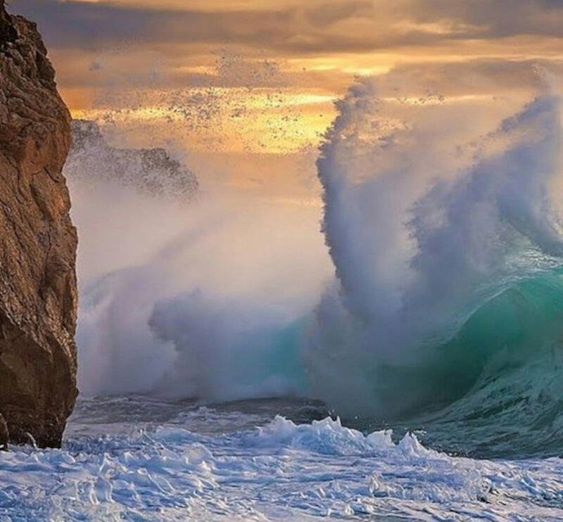 Ocean Wave Crashing — Blue, Dramatic, Sunset, Photograph, Rock