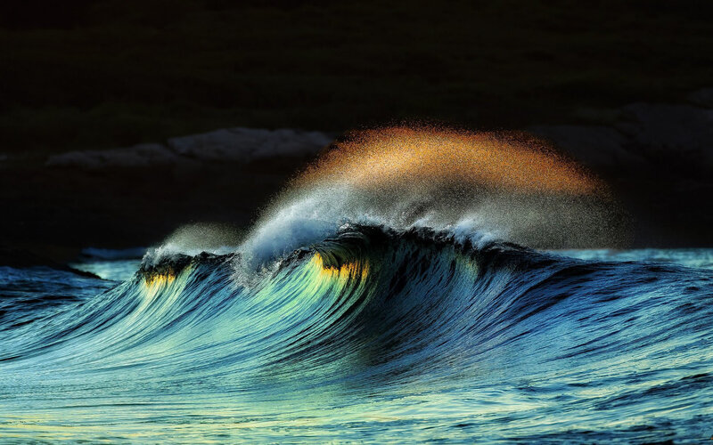 Ocean Wave Crashing — Blue, Dramatic, Sunset, Photograph, Sea Spray