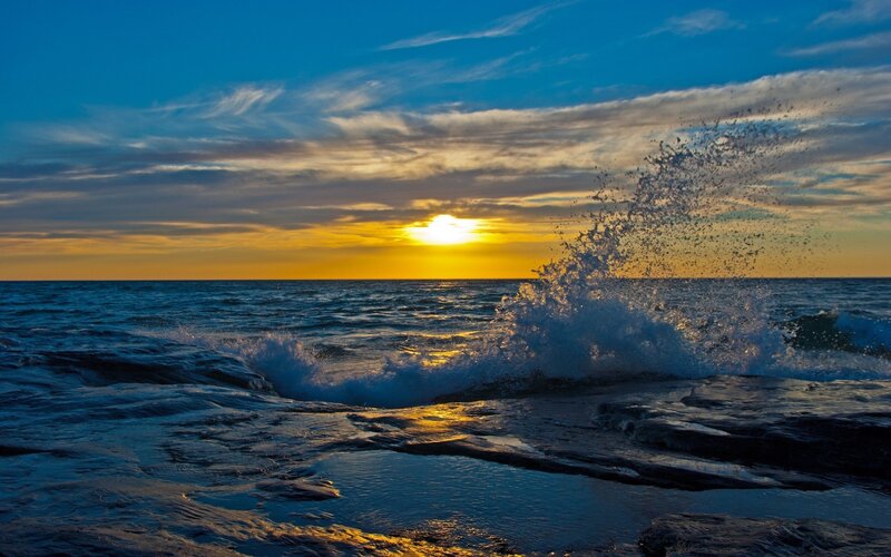 Ocean Wave Crashing — Blue, Dramatic, Sunset, Photograph, Sun, Sky