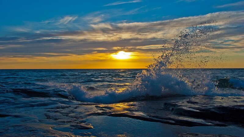 Ocean Wave Crashing — Blue, Dramatic, Sunset, Photograph, Sun