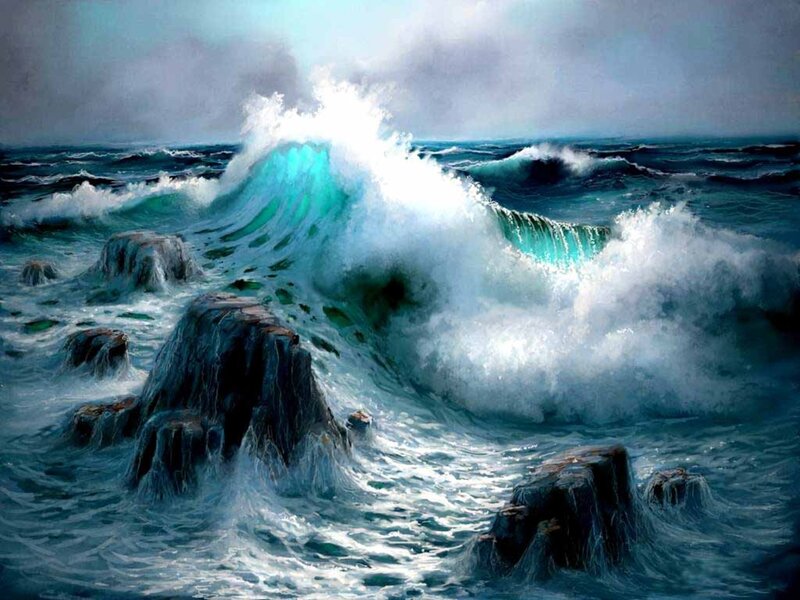 Ocean wave crashing on rocks