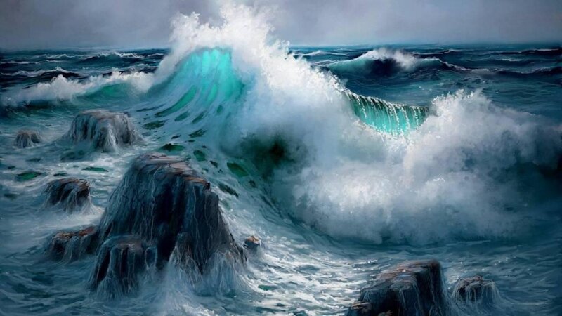 Ocean Wave Crashing on Rocks — Blue, Dramatic, Digital Art