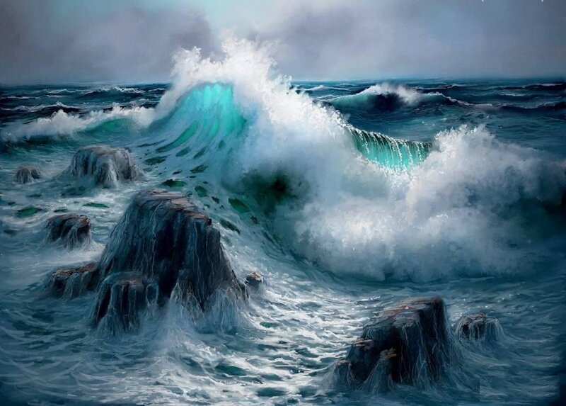 Ocean Wave Crashing on Rocks — Blue