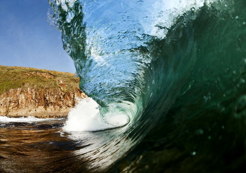 Ocean Wave Curling — Blue, Dramatic, Afternoon, Photograph, Cliff