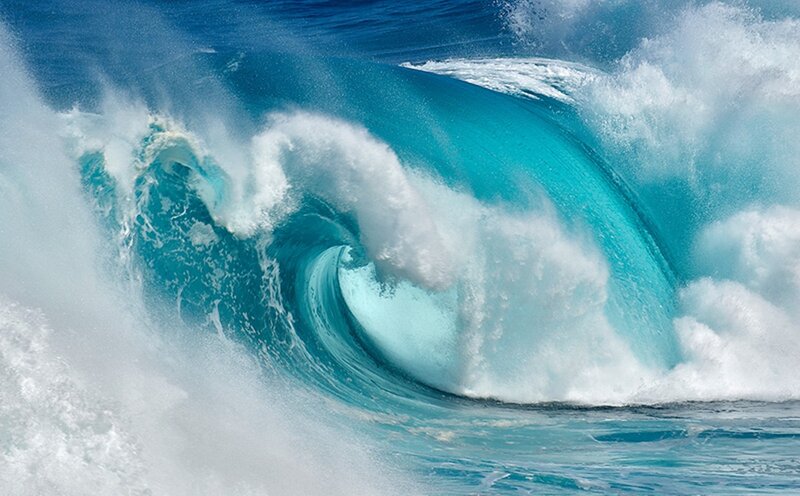 Ocean Wave Curling — Blue, Dramatic, Afternoon, Photograph, Sea, Foam
