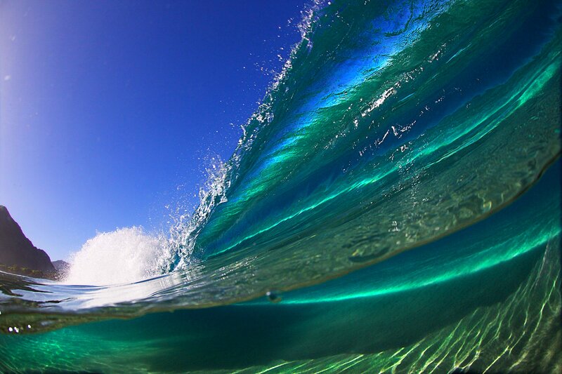 Ocean Wave Curling — Blue, Dramatic, Afternoon, Photograph, Sky, Mountain, Foam