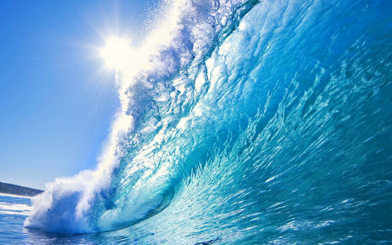 Ocean Wave Curling — Blue, Dramatic, Afternoon, Photograph, Sun, Sky, Foam
