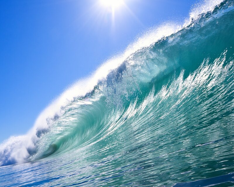 Ocean Wave Curling — Blue, Dramatic, Afternoon, Photograph, Sun, Sky