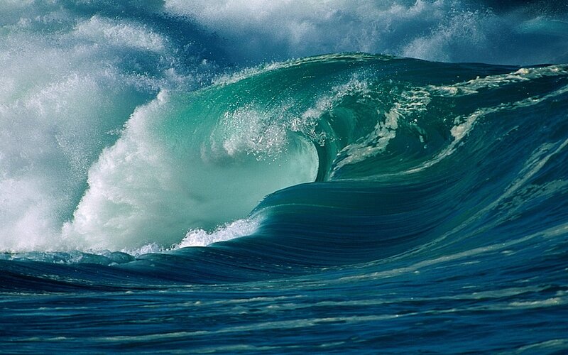 Ocean Wave Curling — Blue, Dramatic, Photograph, Foam, Sea, Sky