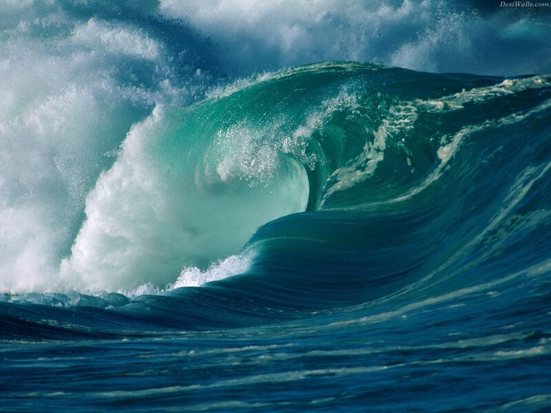 Ocean Wave Curling — Blue, Dramatic, Photograph, Foam, Sea
