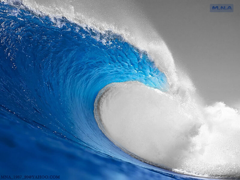 Ocean Wave Curling — Blue, Dramatic, Photograph, Foam, Sky