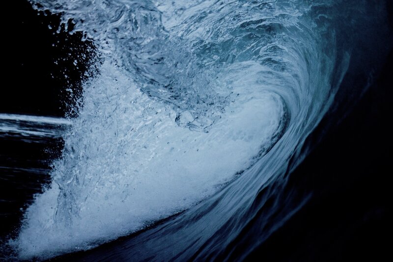 Ocean Wave Curling — Blue, Dramatic, Photograph, Foam, Splashing