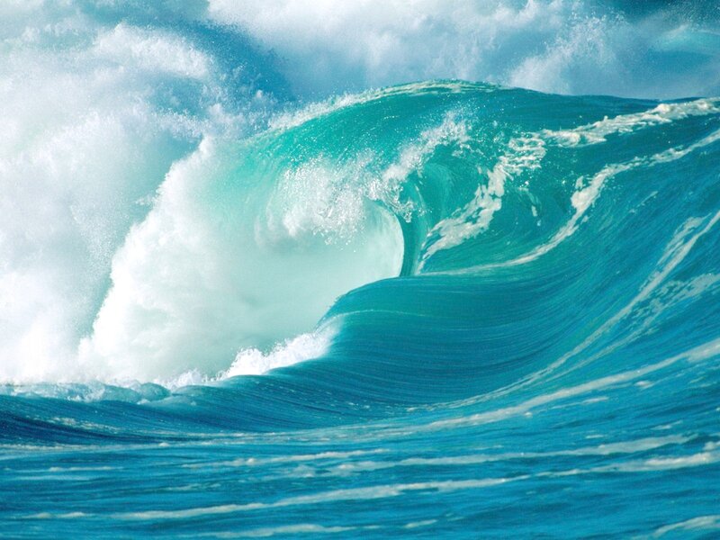 Ocean Wave Curling — Blue, Dramatic, Photograph, Foam