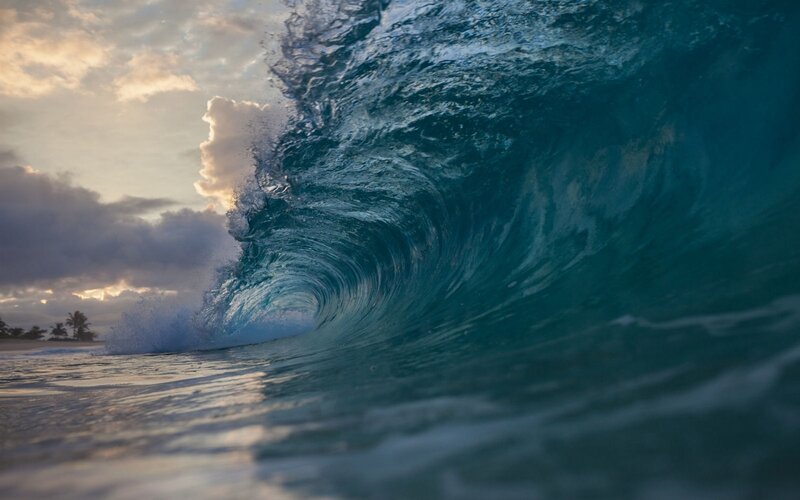 Ocean Wave Curling — Blue, Dramatic, Sunset, Photograph, Clouds