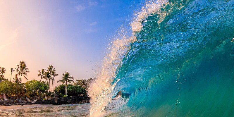 Ocean Wave Curling — Blue, Dramatic, Sunset, Photograph, Palm Trees, Beach
