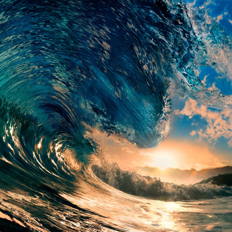 Ocean Wave Curling — Blue, Dramatic, Sunset, Photograph, Sun