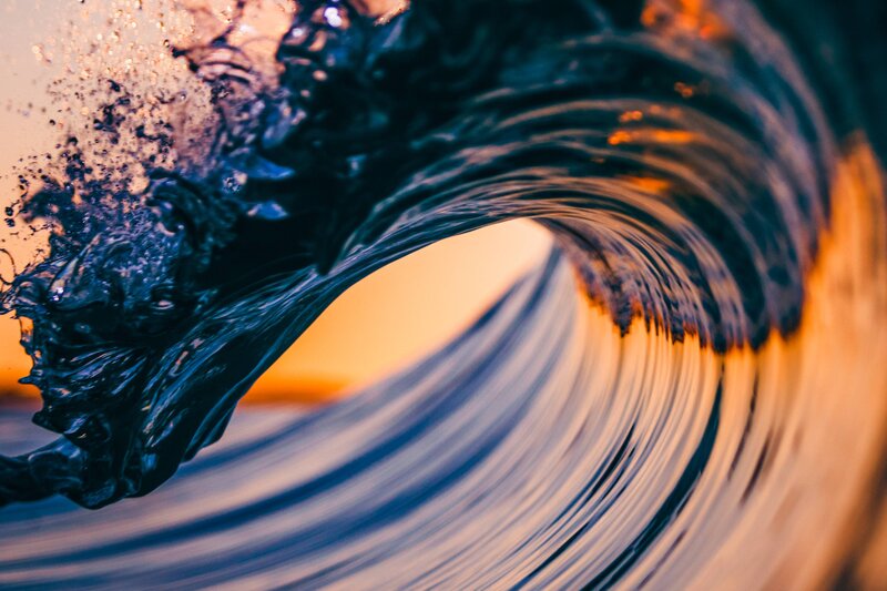 Ocean Wave Curling — Blue, Dramatic, Sunset, Photograph, Sunlight