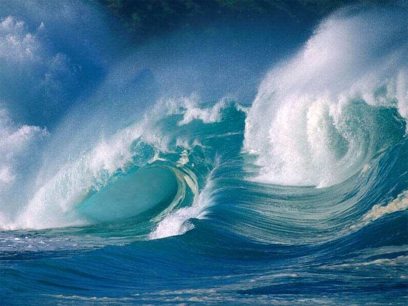 Ocean Wave Forming Barrel — Blue, Dramatic, Afternoon, Photograph, Sea, Sky, Clouds