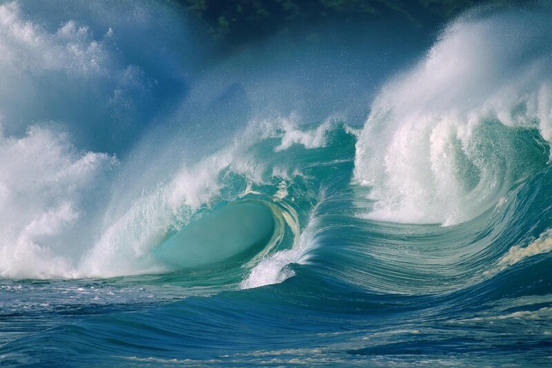 Ocean Wave Forming Barrel — Blue, Dramatic, Photograph, Sea, Sky, Foam