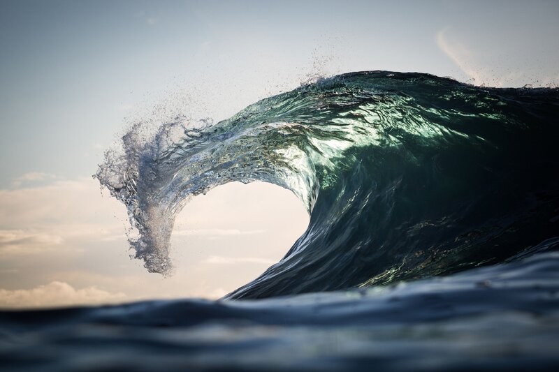 Ocean Wave Forming Barrel — Blue, Dramatic, Sunset, Photograph