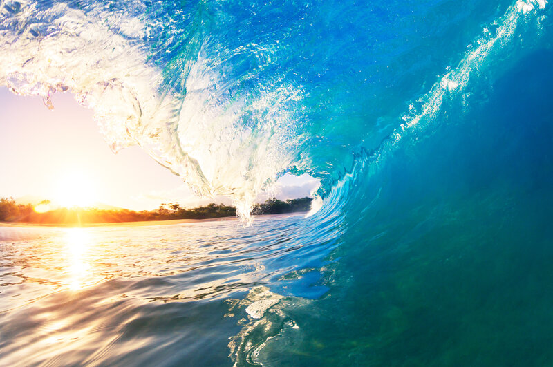 Ocean Wave Tunnel — Blue, Dramatic, Sunset, Photograph, Sun, Beach