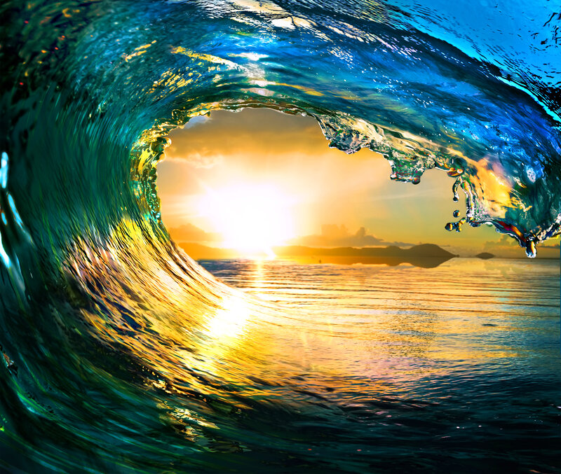 Ocean Wave Tunnel — Blue, Dramatic, Sunset, Photograph, Sun, Sea