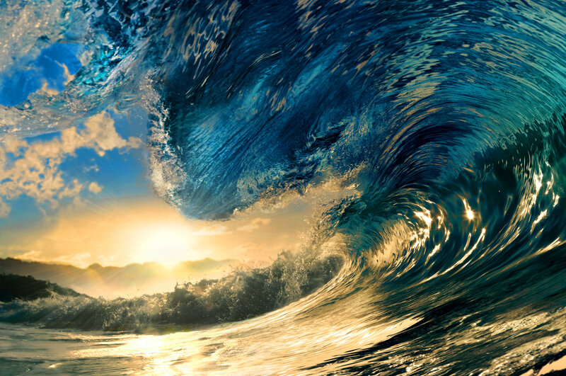 Ocean Wave Tunnel — Blue, Dramatic, Sunset, Photograph, Sun, Sky