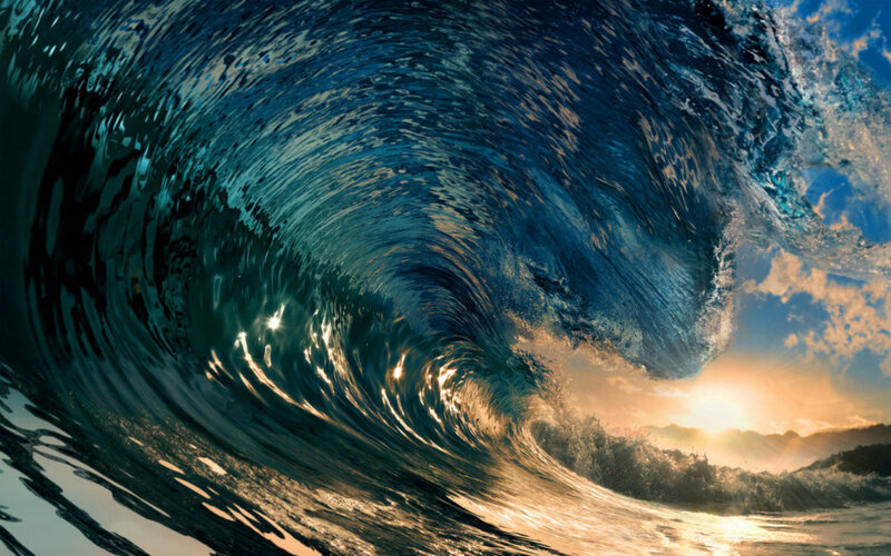 Ocean Wave Tunnel — Blue, Dramatic, Sunset, Photograph, Sun