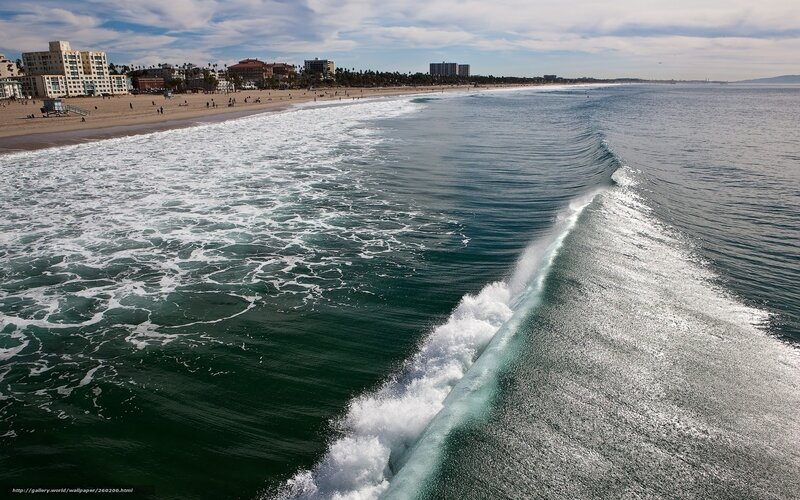 Ocean Waves at Beach — Blue, Calm, Afternoon, Photograph, Buildings
