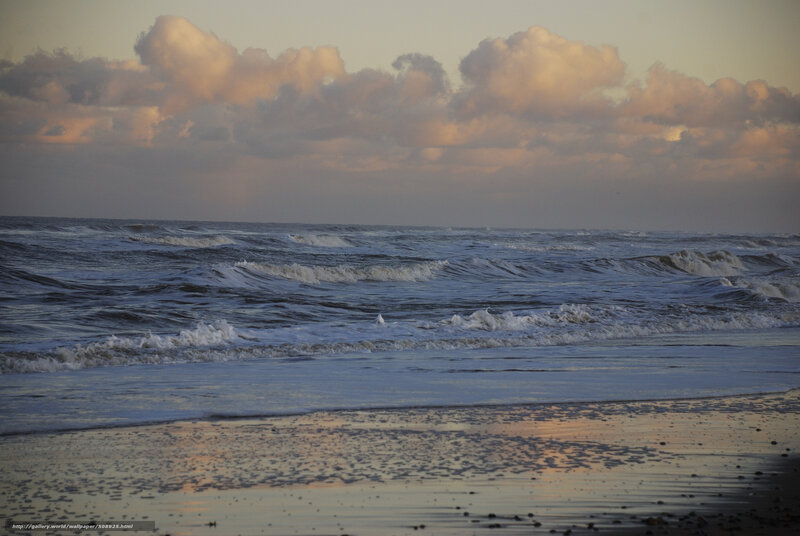 Ocean Waves at Beach — Blue, Calm, Sunset, Photograph, Clouds