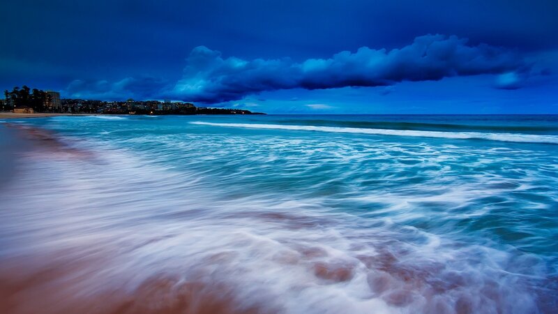 Ocean Waves at Beach — Blue, Dramatic, Night