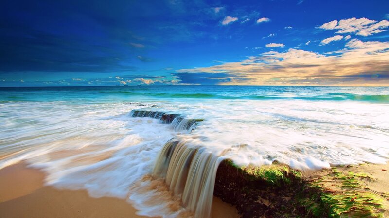 Ocean Waves at Beach — Blue, Serene, Sunset, Photograph, Sand