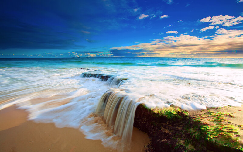 Ocean Waves at Beach — Blue, Serene, Sunset
